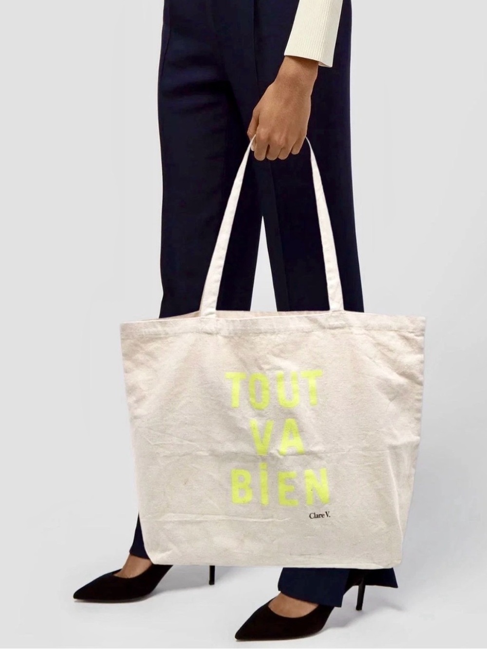 Clare V. Tout Va Bien Canvas Tote Cream and Neon Yellow - Picture 2 of 6